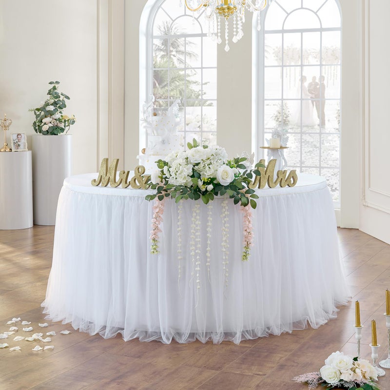 NSSONBEN 167in White Tulle Table Skirts for Rectangle Tables 6ft 8ft, 2-Layer Gold Grim Ruffle Tulle Tutu Cloth Table Skirt 14ft Long for Wedding Birthday Party Baby Shower Cake Dessert Tables(No Table Cover) - Image 2